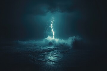 Fototapeta premium A powerful lightning bolt strikes the turbulent ocean during a dramatic stormy night.