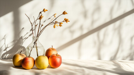 A white marble tabletop showcasing apples and a vase with flowers