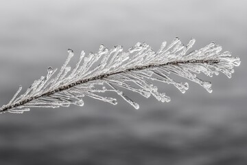 Ice-covered branch displays delicate, crystalline formations against a muted gray background.