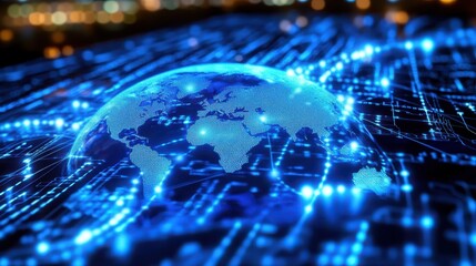 Fototapeta premium World map on illuminated circuit board suggests global communication