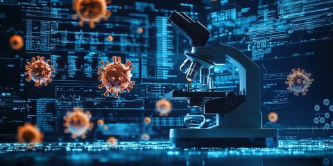 Microscope with Virus on a Blue Background