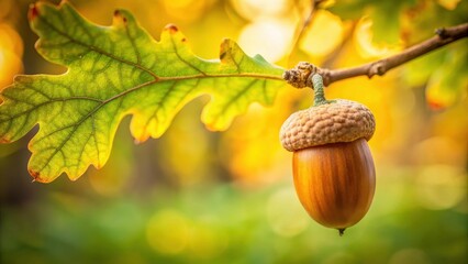 A single acorn rests on a sturdy oak branch, partially shaded by the leafy canopy above, with a subtle hint of autumnal colors in the background , seasons, foliage