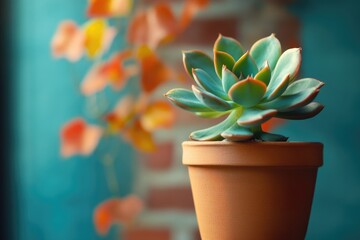 A succulent plant in a terracotta pot, bathed in warm light against a blurred teal and orange background.