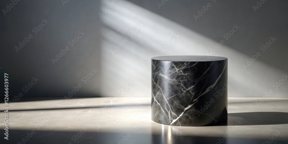 Aufkleber a cylindrical dark marble pedestal sits on a light marble floor, bathed in sunlight streaming throug