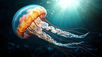 Floating jellyfish in deep ocean, sunlight rays