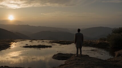 A man in an impeccable suit, standing on top of a skyscraper at dawn, with the city stretching out below him. A group of people who previously underestimated him watch him in silence, speechless