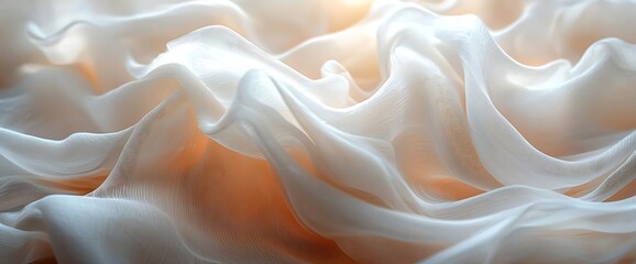 Fototapeta premium Draped ivory silk fabric, close-up studio shot, peach background, textile texture
