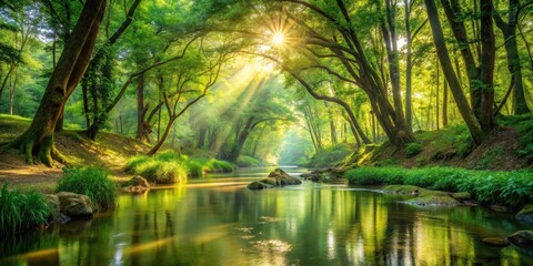 A serene forest landscape with a meandering brook and vibrant greenery