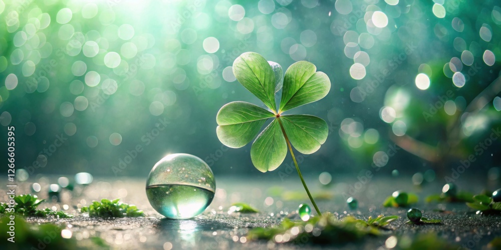 Poster serene four-leaf clover with a glistening orb, bathed in soft sunlight and surrounded by tiny beads 