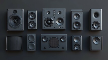 Obraz premium Black loudspeakers on a black background.