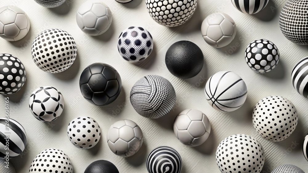 Poster abstract monochrome spheres arranged in a scattered pattern on a textured surface
