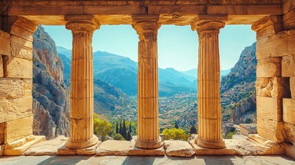 Ancient Greek temple columns frame scenic mountain valley view