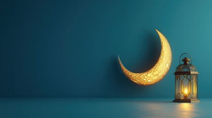 Illuminated Crescent Moon and Vintage Lantern on Blue Background