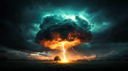 Obraz premium Stormy Sky, Tree, Field, Powerful Lightning