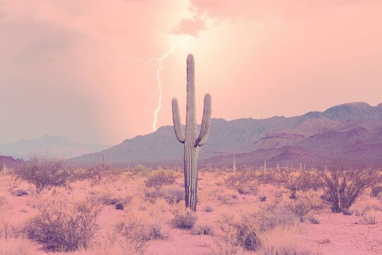 A majestic saguaro cactus stands tall amidst a desert landscape, a lightning strike illuminating the dramatic sky.