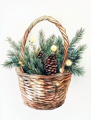 Decorated wicker basket filled with pine branches and lights
