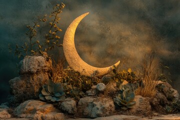 A crescent moon illuminates a desert landscape, with succulents and dry grasses nestled among rocks.