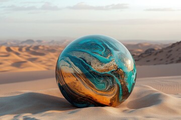 A teal and gold marble sphere rests on desert sand dunes under a soft, pale sky.