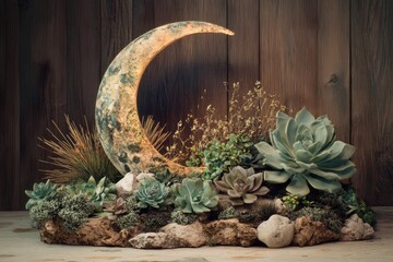 A crescent moon-shaped planter cradles a thriving arrangement of succulents and dried grasses against a rustic wooden backdrop.
