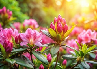 Fototapeta premium Pink azalea buds unfurl in a breathtaking spring panorama.