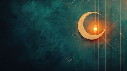 crescent moon, lantern, green background, room, place for text, ramadan, background,