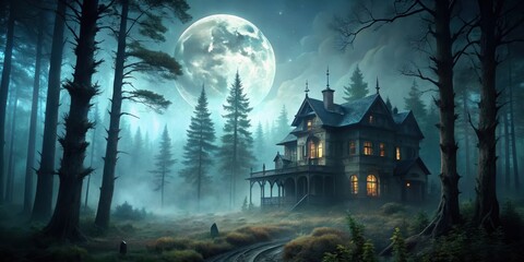 Fototapeta premium Dark forest surrounded by tall trees and eerie fog with glowing full moon above the creepy old mansion, moonlight, abandoned