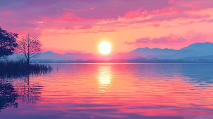 Naklejka premium Sunset over a calm lake with mountains reflecting in the water during twilight hours