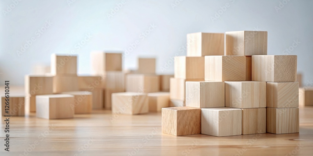 Aufkleber Unstructured Wooden Cubes Arranged on a Light Wood Surface, Creating a Sense of Balance and Potential