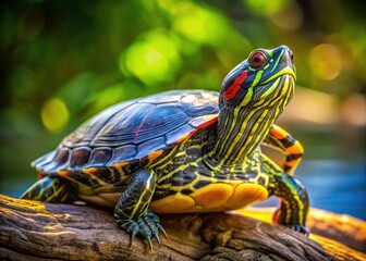 Fototapeta premium Red-eared slider basks, showcasing vibrant hues on sun-warmed log, a reptile portrait in natural thermopregulation.