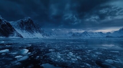A serene, icy landscape under a dramatic sky, showcasing the beauty of nature's extremes.