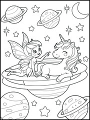 Black and white fairy coloring pages for kids. Children's coloring books with cute cartoon fairy and unicorn characters are in the space, fun and educational materials for kindergarten.
