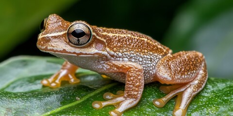 Fototapeta premium Tree Frog Perched on a Leaf in Morning Light, Generative AI