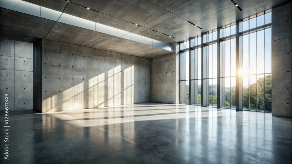 Poster sunlit modern concrete room with expansive windows offering a tranquil view