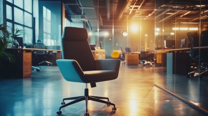 Office Interior with Modern Chair and Desks in Toned Lighting Style