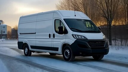 White delivery van parked on icy street at sunset in a suburban neighborhood