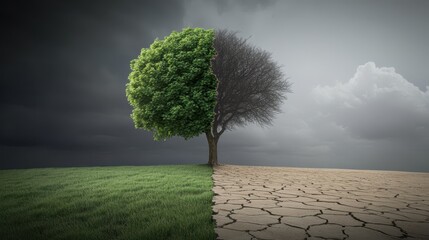 Tree symbolizes life and death with contrasting landscapes