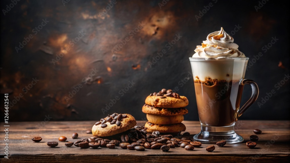 Poster aromatic coffee drink with whipped cream and coffee bean cookies on rustic wooden table