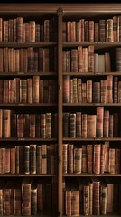 A full-frame view of a bookshelf with neatly lined old books