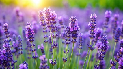 Naklejka premium Delicate purple lavender flowers with lush green leaves and a subtle border of foliage