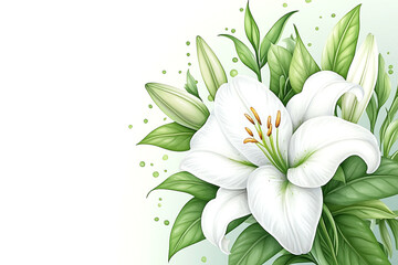 Fototapeta premium A white flower with green leaves is the main focus of the image. The flower is surrounded by green leaves, which give the impression of a lush, vibrant garden. The white color of the flower