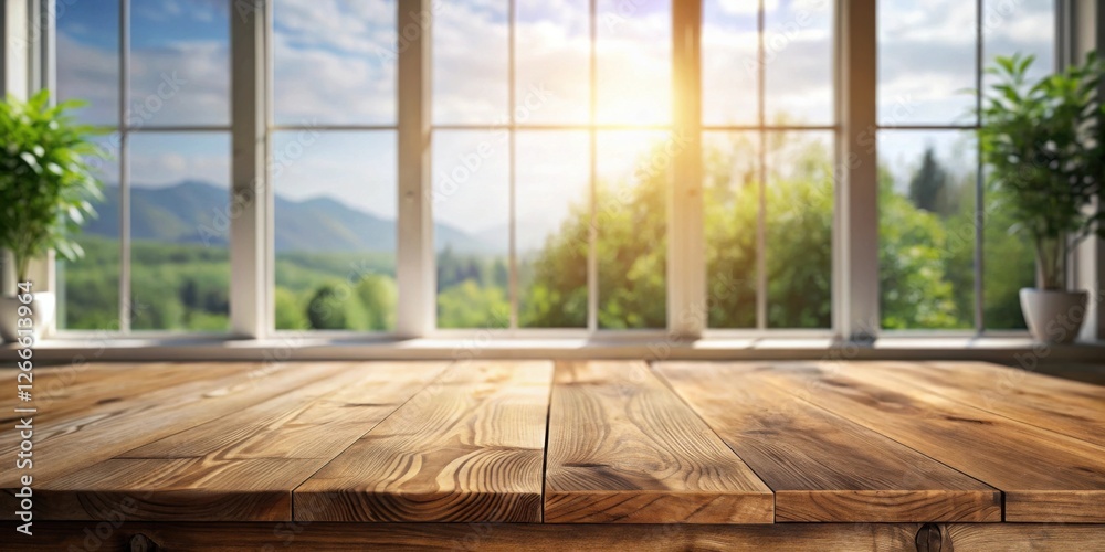 Poster serene view rustic wooden tabletop against a sunlit window showing a verdant landscape