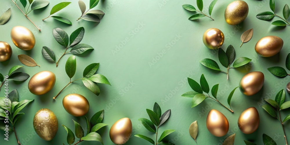 Poster golden eggs and lush greenery arranged on a soft green background a springtime composition