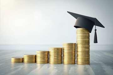 Graduation Cap On Stack Of Coins Symbolizing Investment In Education On A Light