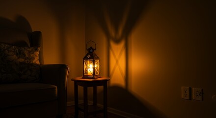 Burning Lantern on Table Casting Shadows in Dark Room Interior