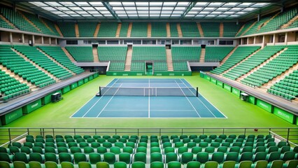 Unoccupied tennis court with empty seats , unoccupied, empty,  unoccupied, empty