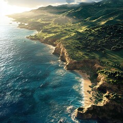 Coastal landscape with lush greenery near the ocean at sunset