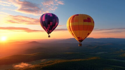 Fototapeta premium Sunrise hot air balloons over mountain range