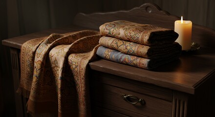 Elegant Pashmina Shawls Stacked on Wooden Dresser with Candlelight Ambiance