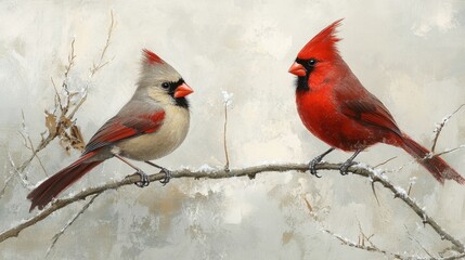 Elegant Cardinals Perched on Snowy Branch in Winter Landscape