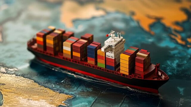 A miniature cargo ship loaded with colorful containers cruising the ocean on a paper world map, symbolizing global trade and logistics. For trade war meme.